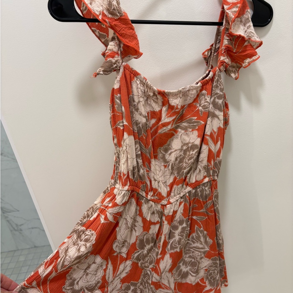 Floral Ruffle Strap Romper in Orange and Cream